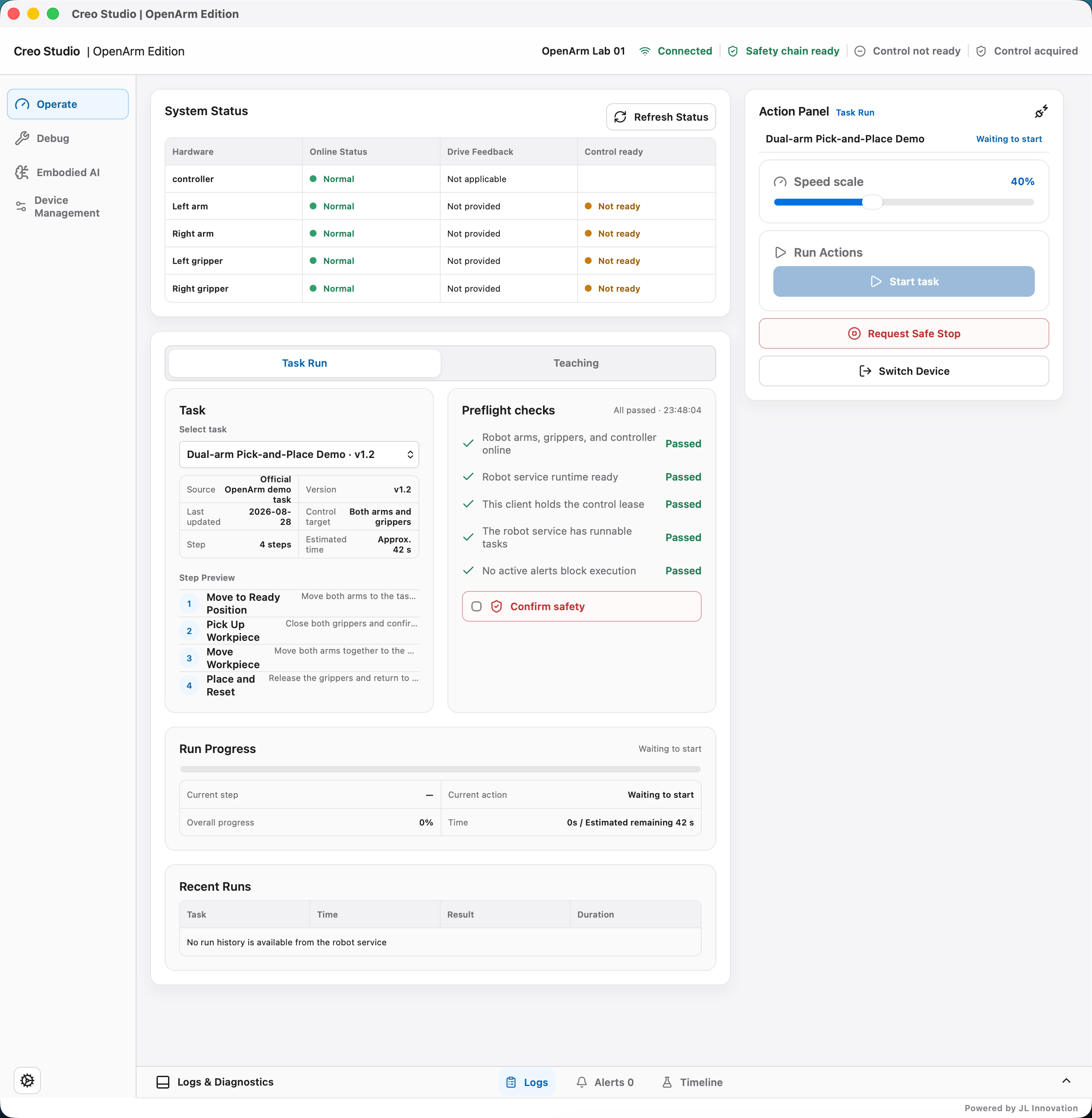 JLI Creo Studio OpenArm Edition connected robot workspace